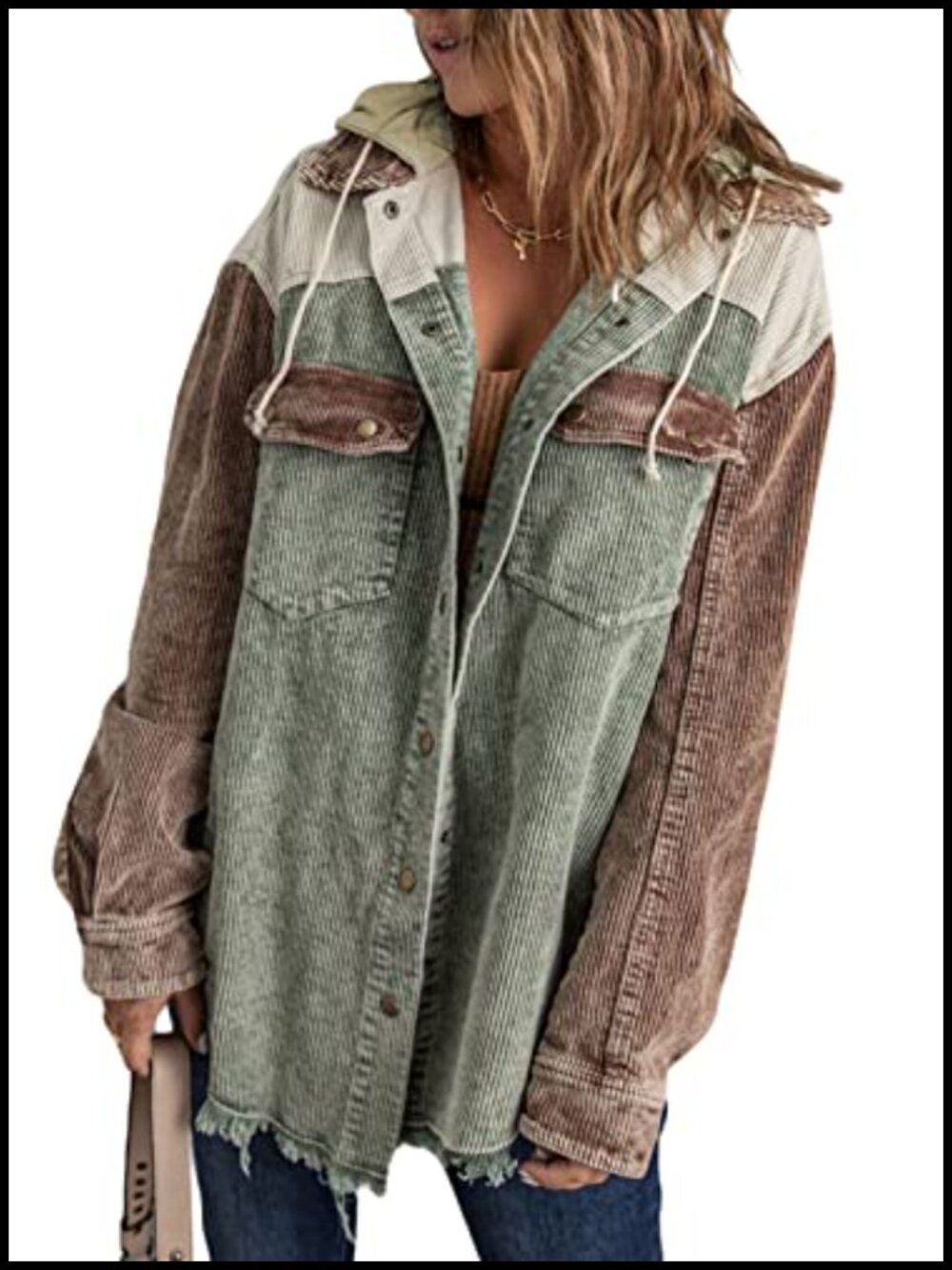 Corduroy Shacket Jacket Long Sleeve Button Down Hooded Coat with Pockets